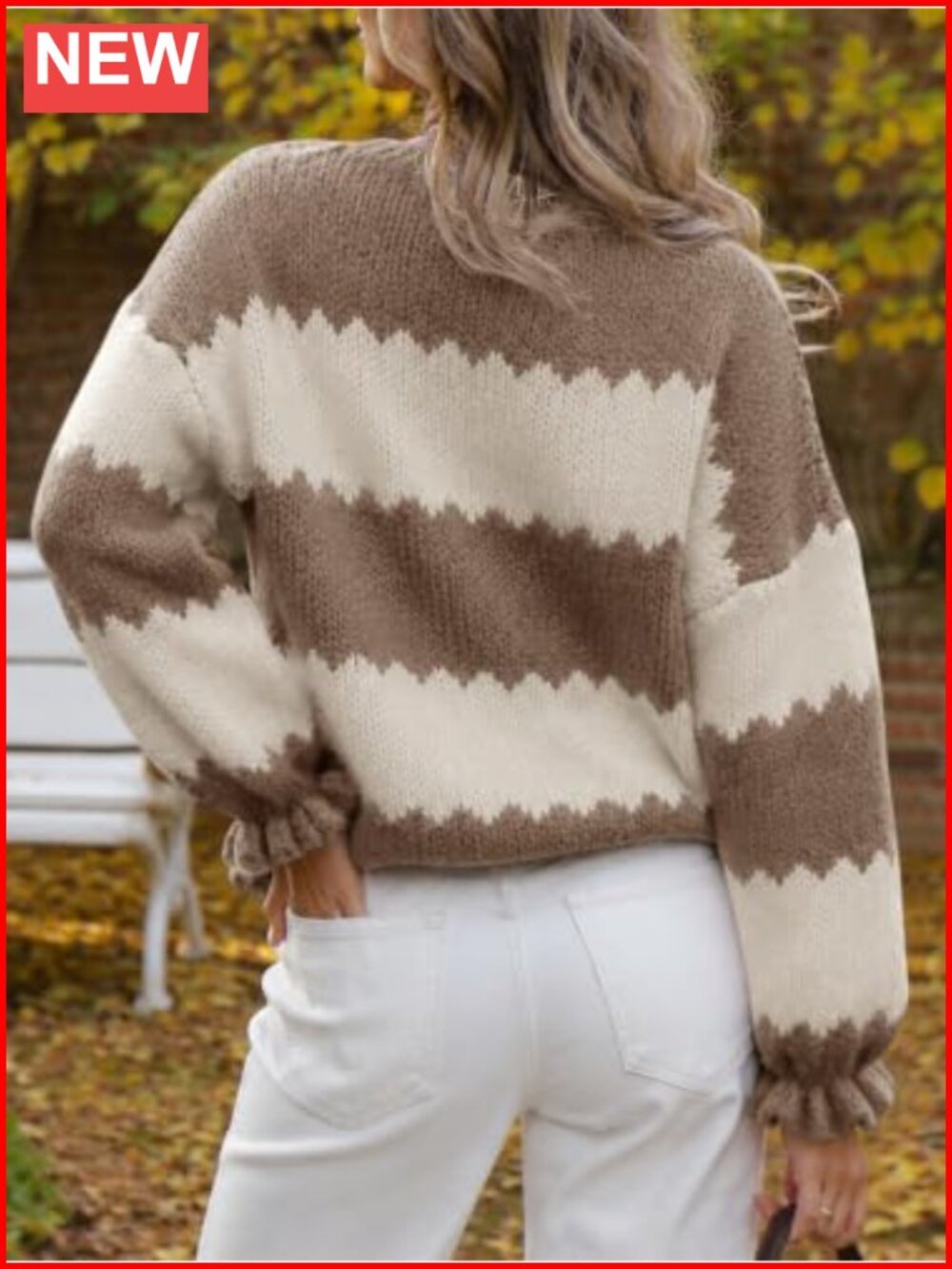 Striped Color Block Ruffle Sleeve Pullover Sweater Womens Loose Ribbed Knit - Picture 5 of 6